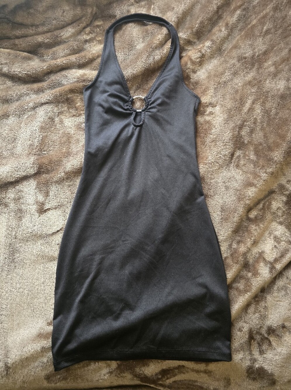 H&M Black One-Shoulder Halter Ring-Front Bodycon Dress